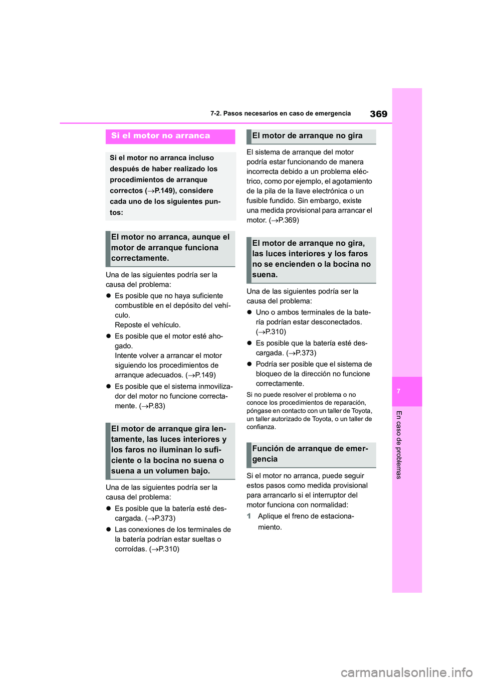 TOYOTA GR86 2022 Manuale de Empleo (in Spanish) 369
7
7-2. Pasos necesarios en caso de emergencia
En caso de problemas
Una de las siguientes podría ser la
causa del problema:
Es posible que no haya suficiente
combustible en el depósito TOYOTA GR86 2022 Manuale de Empleo (in Spanish) 369
7
7-2. Pasos necesarios en caso de emergencia
En caso de problemas
Una de las siguientes podría ser la
causa del problema:
Es posible que no haya suficiente
combustible en el depósito