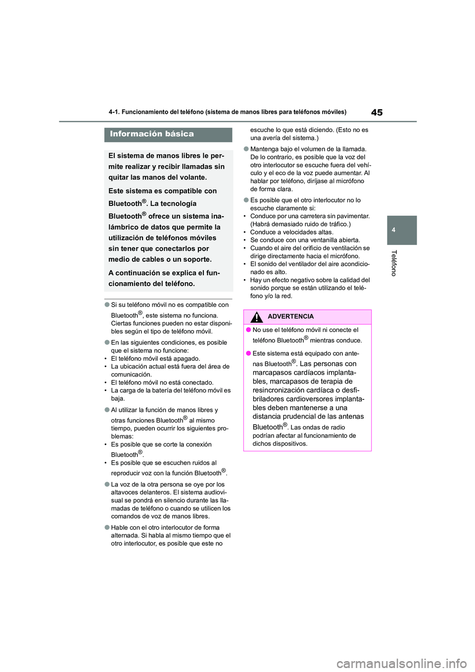 TOYOTA GR86 2022  Manuale de Empleo (in Spanish) 45
4 
4-1. Funcionamiento del teléfono (sistema de manos libres para teléfonos móviles)
Teléfono
●Si su teléfono móvil no es compatible con  
Bluetooth®, este sistema no funciona.  Ciertas fu