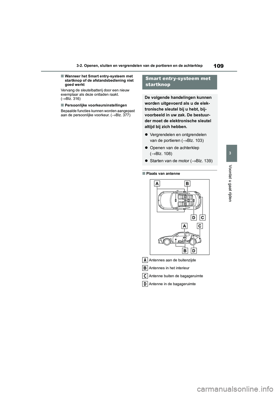 TOYOTA GR86 2022 Instructieboekje (in Dutch) 109
3 3-2. Openen, sluiten en vergrendelen van de portieren en de achterklep
Voordat u gaat rijden
■Wanneer het Smart entry-systeem met
startknop of de afstandsbediening niet
goed werkt
Vervang de TOYOTA GR86 2022 Instructieboekje (in Dutch) 109
3 3-2. Openen, sluiten en vergrendelen van de portieren en de achterklep
Voordat u gaat rijden
■Wanneer het Smart entry-systeem met
startknop of de afstandsbediening niet
goed werkt
Vervang de
