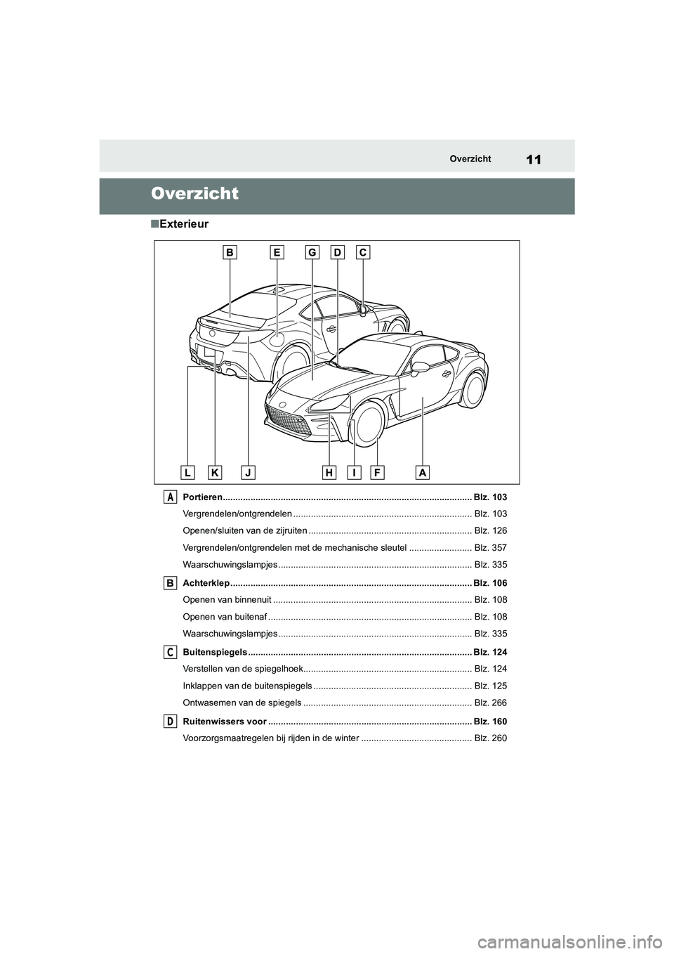 TOYOTA GR86 2022 Instructieboekje (in Dutch) 11Overzicht
Overzicht
■Exterieur
Portieren................................................................................................... Blz. 103
Vergrendelen/ontgrendelen ..................... TOYOTA GR86 2022 Instructieboekje (in Dutch) 11Overzicht
Overzicht
■Exterieur
Portieren................................................................................................... Blz. 103
Vergrendelen/ontgrendelen .....................