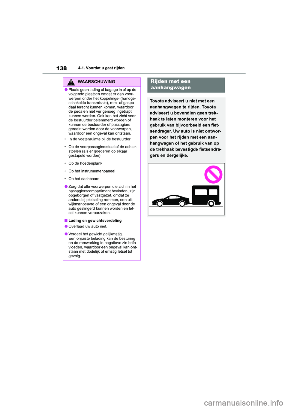 TOYOTA GR86 2022 Instructieboekje (in Dutch) 1384-1. Voordat u gaat rijden
WAARSCHUWING
●Plaats geen lading of bagage in of op de
volgende plaatsen omdat er dan voor-
werpen onder het koppelings- (handge-
schakelde transmissie), rem- of gaspe TOYOTA GR86 2022 Instructieboekje (in Dutch) 1384-1. Voordat u gaat rijden
WAARSCHUWING
●Plaats geen lading of bagage in of op de
volgende plaatsen omdat er dan voor-
werpen onder het koppelings- (handge-
schakelde transmissie), rem- of gaspe