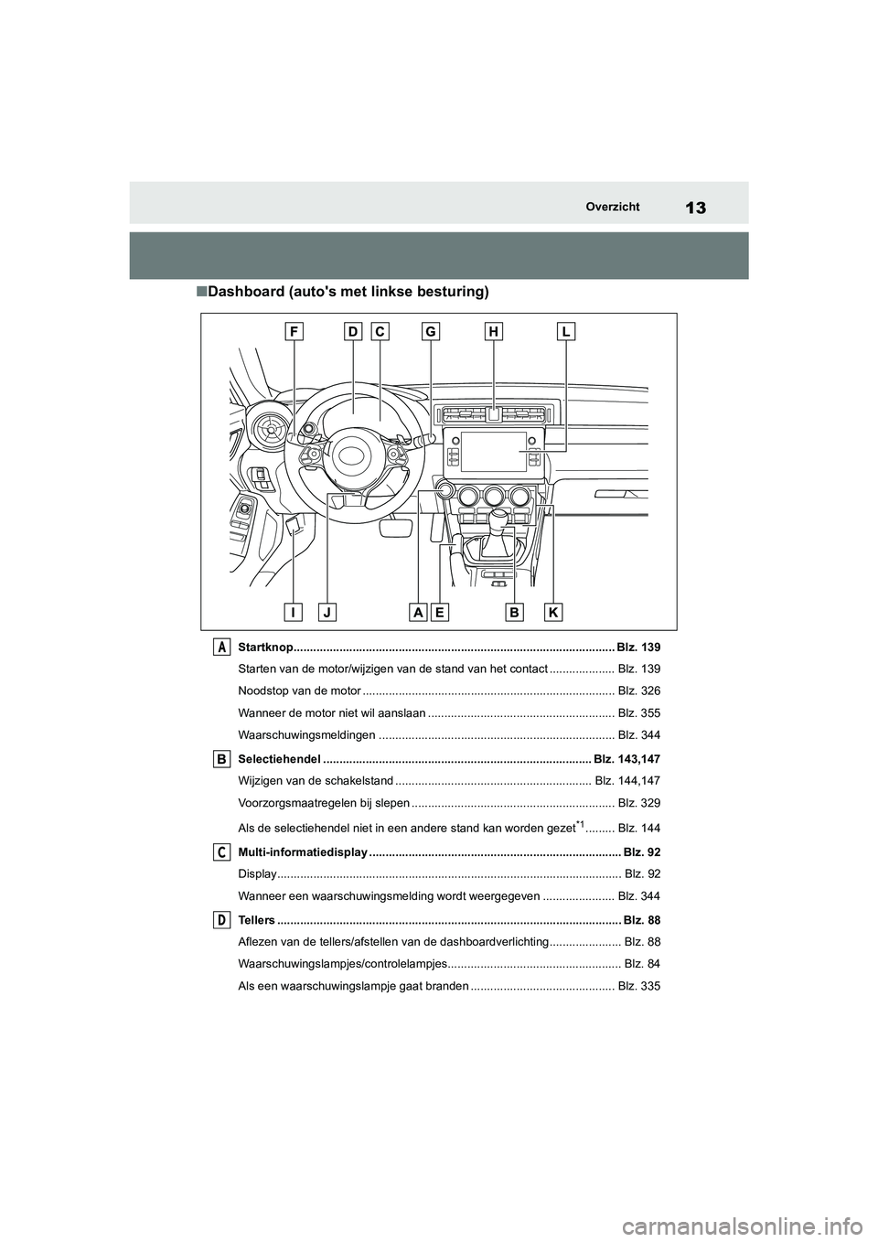 TOYOTA GR86 2022  Instructieboekje (in Dutch) 13Overzicht
■Dashboard (autos met linkse besturing)
Startknop.................................................................................................. Blz. 139
Starten van de motor/wijzige