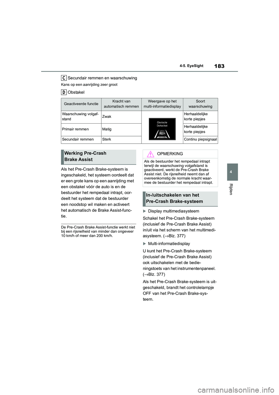 TOYOTA GR86 2022 Instructieboekje (in Dutch) 183
4 4-5. EyeSight
Rijden
Secundair remmen en waarschuwing
Kans op een aanrijding zeer groot
Obstakel
Als het Pre-Crash Brake-systeem is
ingeschakeld, het systeem oordeelt dat
er een grote kans op TOYOTA GR86 2022 Instructieboekje (in Dutch) 183
4 4-5. EyeSight
Rijden
Secundair remmen en waarschuwing
Kans op een aanrijding zeer groot
Obstakel
Als het Pre-Crash Brake-systeem is
ingeschakeld, het systeem oordeelt dat
er een grote kans op
