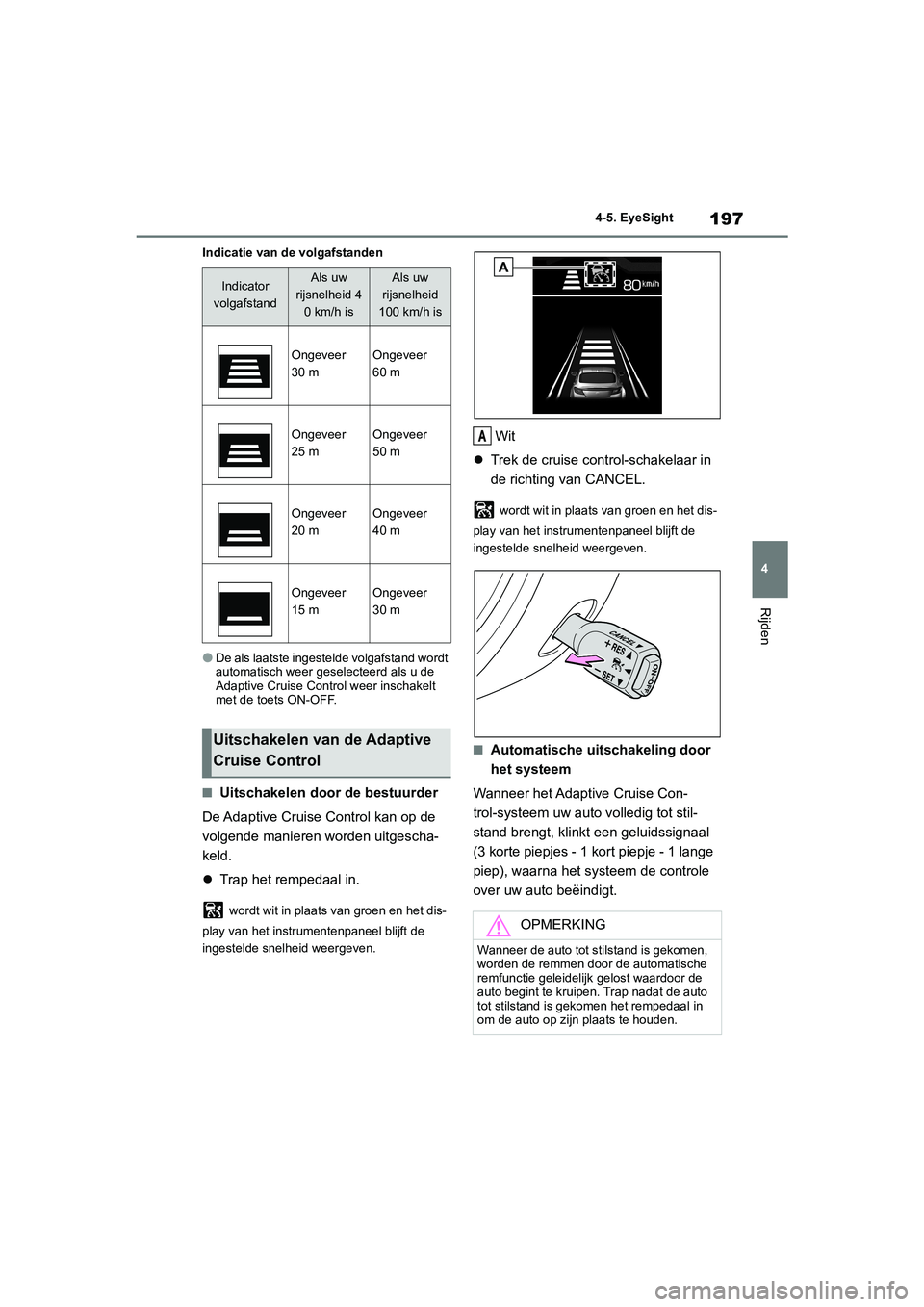 TOYOTA GR86 2022 Instructieboekje (in Dutch) 197
4 4-5. EyeSight
Rijden
Indicatie van de volgafstanden
●De als laatste ingestelde volgafstand wordt
automatisch weer geselecteerd als u de
Adaptive Cruise Control weer inschakelt
met de toets TOYOTA GR86 2022 Instructieboekje (in Dutch) 197
4 4-5. EyeSight
Rijden
Indicatie van de volgafstanden
●De als laatste ingestelde volgafstand wordt
automatisch weer geselecteerd als u de
Adaptive Cruise Control weer inschakelt
met de toets