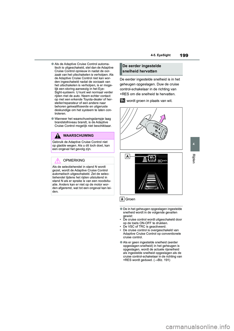 TOYOTA GR86 2022 Instructieboekje (in Dutch) 199
4 4-5. EyeSight
Rijden
●Als de Adaptive Cruise Control automa-
tisch is uitgeschakeld, stel dan de Adaptive
Cruise Control opnieuw in nadat de oor-
zaak van het uitschakelen is verholpen. Als
TOYOTA GR86 2022 Instructieboekje (in Dutch) 199
4 4-5. EyeSight
Rijden
●Als de Adaptive Cruise Control automa-
tisch is uitgeschakeld, stel dan de Adaptive
Cruise Control opnieuw in nadat de oor-
zaak van het uitschakelen is verholpen. Als