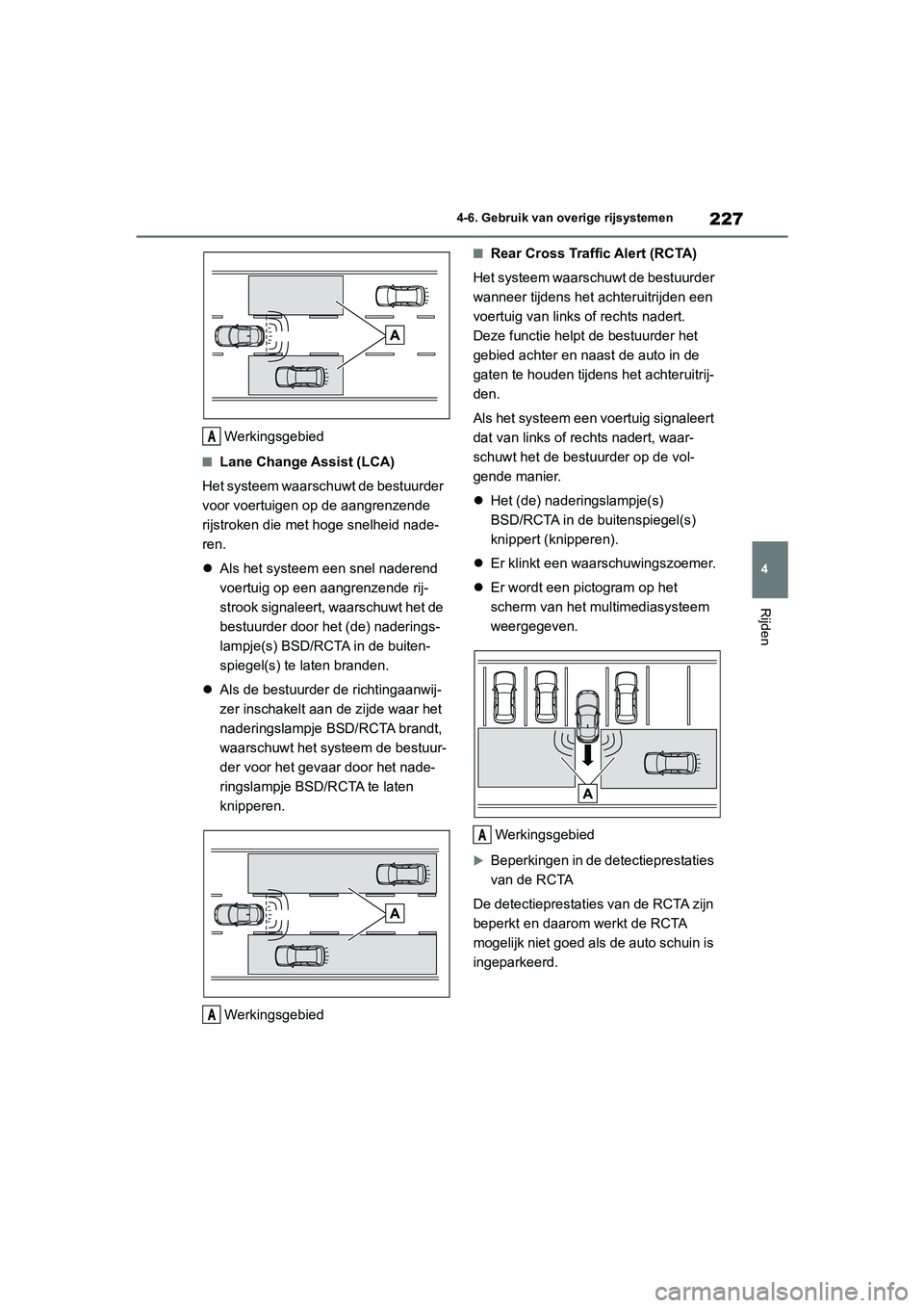 TOYOTA GR86 2022  Instructieboekje (in Dutch) 227
4 4-6. Gebruik van overige rijsystemen
Rijden
Werkingsgebied
■Lane Change Assist (LCA)
Het systeem waarschuwt de bestuurder 
voor voertuigen op de aangrenzende 
rijstroken die met hoge snelheid 