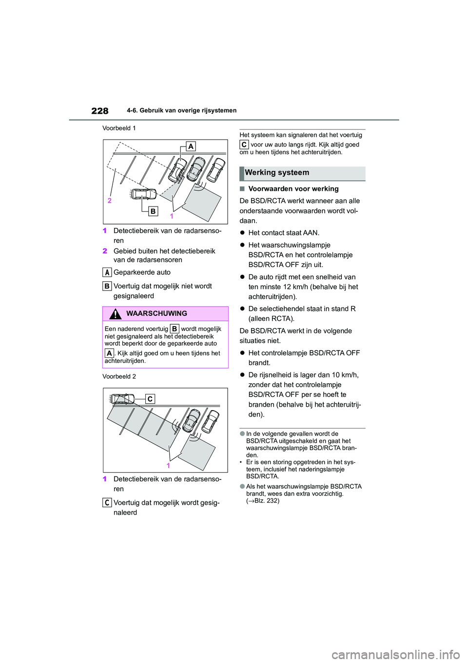 TOYOTA GR86 2022  Instructieboekje (in Dutch) 2284-6. Gebruik van overige rijsystemen
Voorbeeld 1
1Detectiebereik van de radarsenso-
ren
2Gebied buiten het detectiebereik 
van de radarsensoren
Geparkeerde auto
Voertuig dat mogelijk niet wordt 
ge