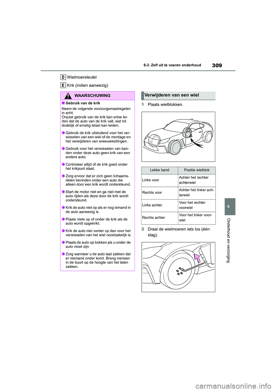 TOYOTA GR86 2022  Instructieboekje (in Dutch) 309
6 6-3. Zelf uit te voeren onderhoud
Onderhoud en verzorging
Wielmoersleutel
Krik (indien aanwezig)
1Plaats wielblokken.
2Draai de wielmoeren iets los (één 
slag).D
WAARSCHUWING
■Gebruik van de
