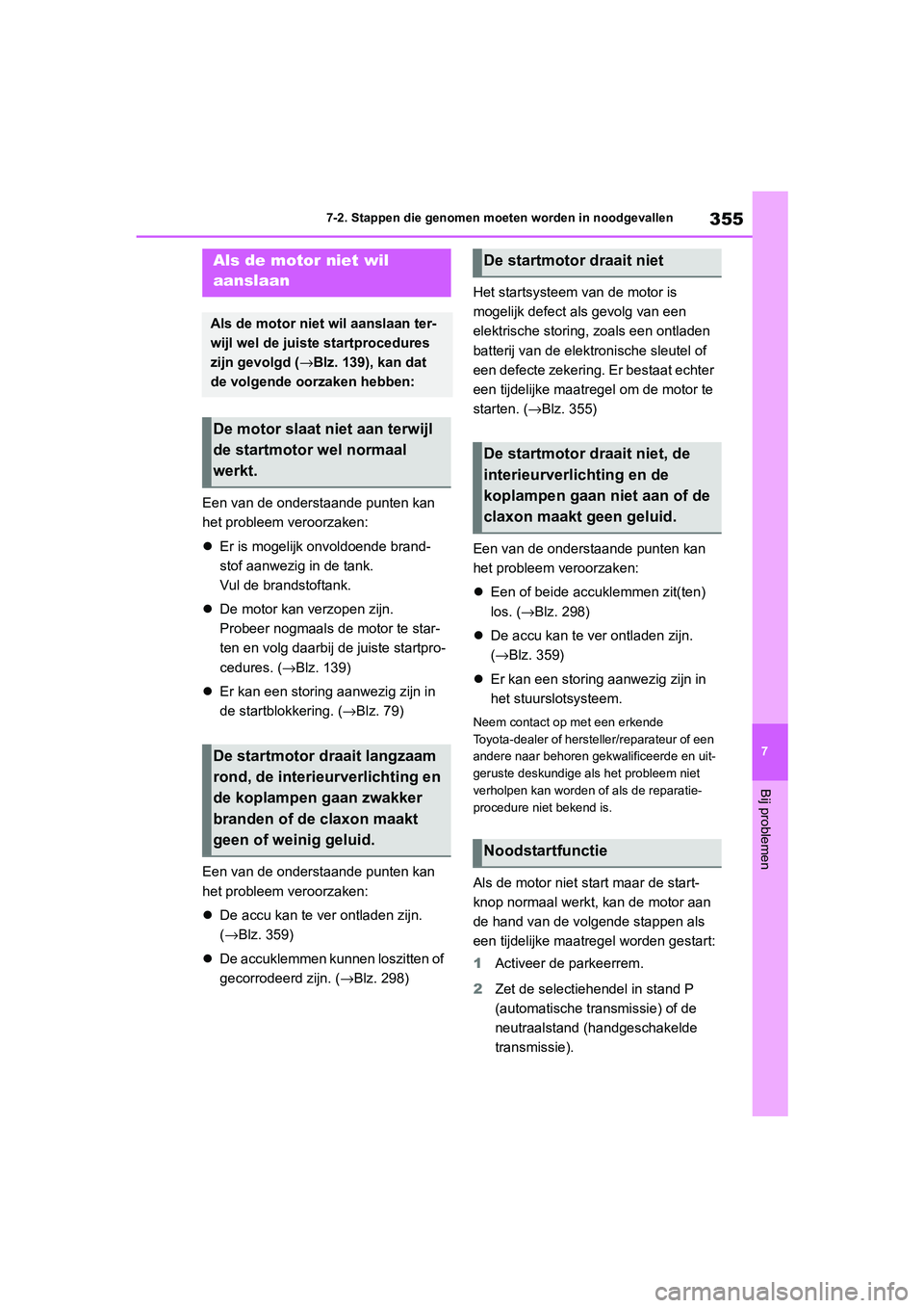 TOYOTA GR86 2022  Instructieboekje (in Dutch) 355
7 7-2. Stappen die genomen moeten worden in noodgevallen
Bij problemen
Een van de onderstaande punten kan 
het probleem veroorzaken:
Er is mogelijk onvoldoende brand-
stof aanwezig in de tank. 