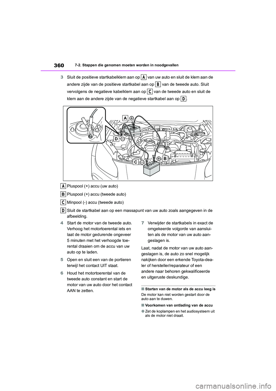 TOYOTA GR86 2022 Instructieboekje (in Dutch) 3607-2. Stappen die genomen moeten worden in noodgevallen
3Sluit de positieve startkabelklem aan op van uw auto en sluit de klem aan de
andere zijde van de positieve startkabel aan op van de twee TOYOTA GR86 2022 Instructieboekje (in Dutch) 3607-2. Stappen die genomen moeten worden in noodgevallen
3Sluit de positieve startkabelklem aan op van uw auto en sluit de klem aan de
andere zijde van de positieve startkabel aan op van de twee