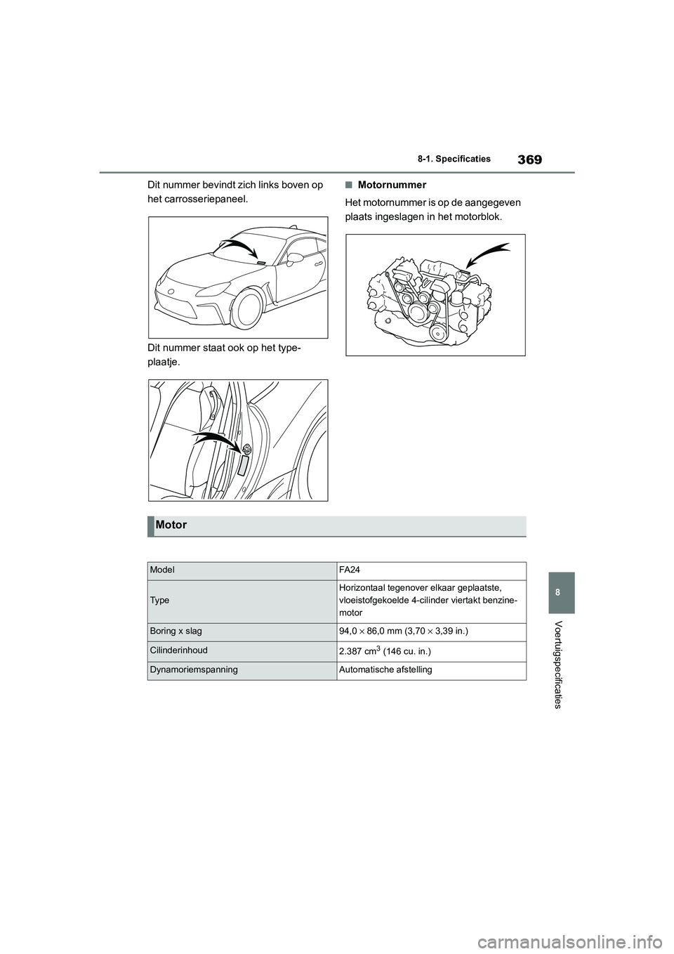 TOYOTA GR86 2022 Instructieboekje (in Dutch) 369
8 8-1. Specificaties
Voertuigspecificaties
Dit nummer bevindt zich links boven op
het carrosseriepaneel.
Dit nummer staat ook op het type-
plaatje.■Motornummer
Het motornummer is op de aangegev TOYOTA GR86 2022 Instructieboekje (in Dutch) 369
8 8-1. Specificaties
Voertuigspecificaties
Dit nummer bevindt zich links boven op
het carrosseriepaneel.
Dit nummer staat ook op het type-
plaatje.■Motornummer
Het motornummer is op de aangegev
