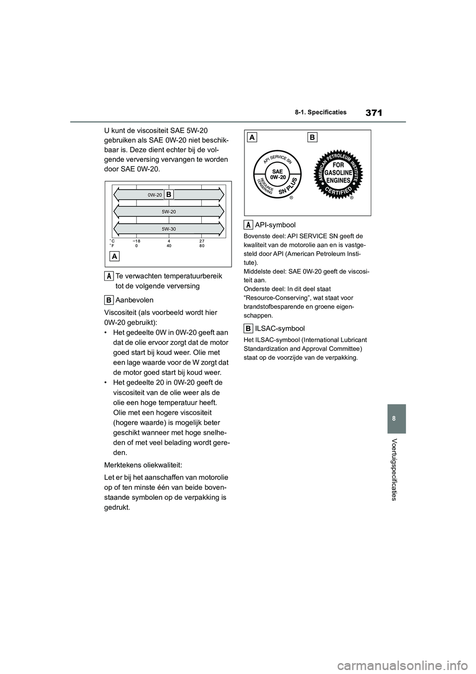 TOYOTA GR86 2022 Instructieboekje (in Dutch) 371
8 8-1. Specificaties
Voertuigspecificaties
U kunt de viscositeit SAE 5W-20
gebruiken als SAE 0W-20 niet beschik-
baar is. Deze dient echter bij de vol-
gende verversing vervangen te worden
door TOYOTA GR86 2022 Instructieboekje (in Dutch) 371
8 8-1. Specificaties
Voertuigspecificaties
U kunt de viscositeit SAE 5W-20
gebruiken als SAE 0W-20 niet beschik-
baar is. Deze dient echter bij de vol-
gende verversing vervangen te worden
door