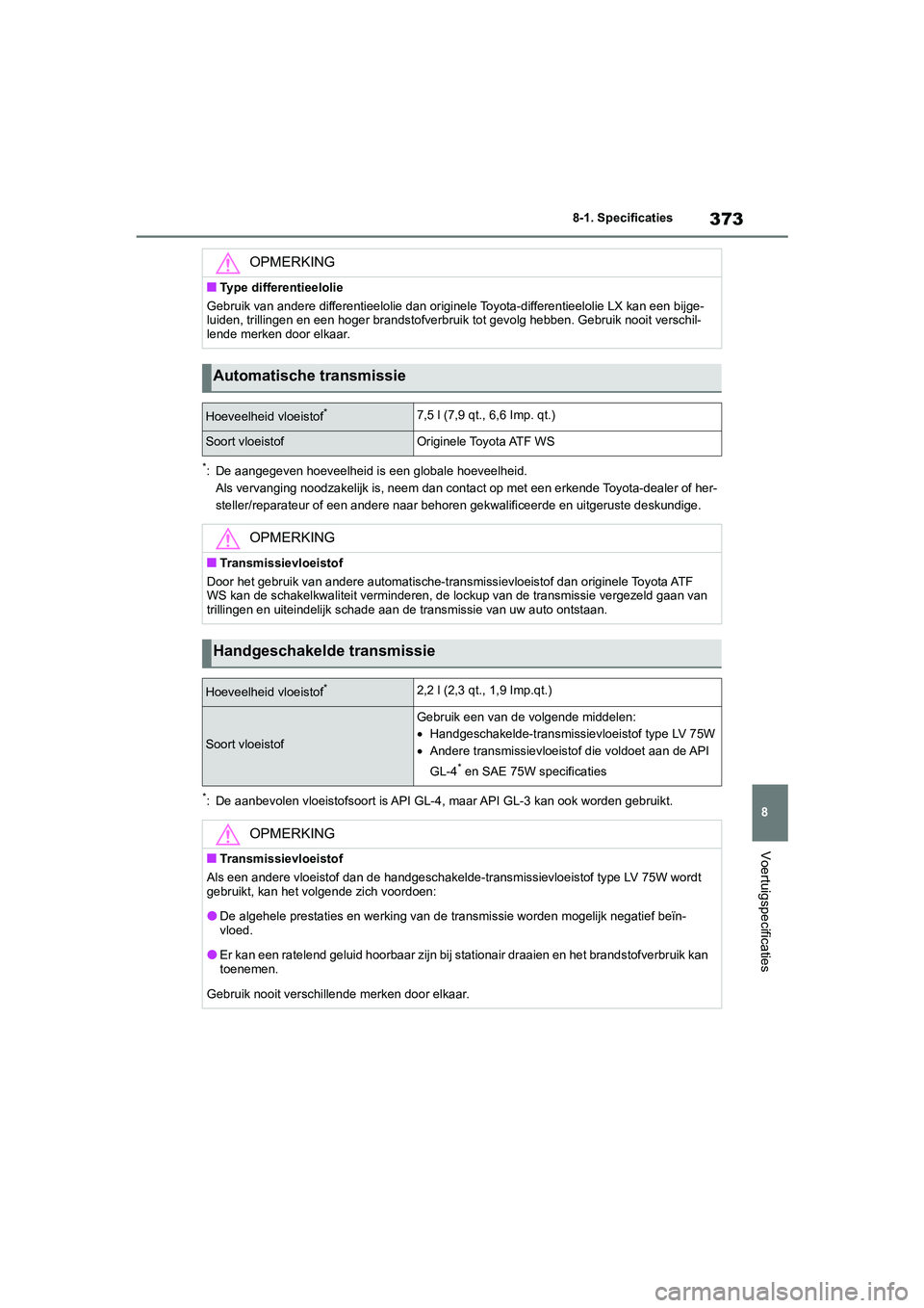 TOYOTA GR86 2022 Instructieboekje (in Dutch) 373
8 8-1. Specificaties
Voertuigspecificaties
*: De aangegeven hoeveelheid is een globale hoeveelheid.
Als vervanging noodzakelijk is, neem dan contact op met een erkende Toyota-dealer of her-
stelle TOYOTA GR86 2022 Instructieboekje (in Dutch) 373
8 8-1. Specificaties
Voertuigspecificaties
*: De aangegeven hoeveelheid is een globale hoeveelheid.
Als vervanging noodzakelijk is, neem dan contact op met een erkende Toyota-dealer of her-
stelle