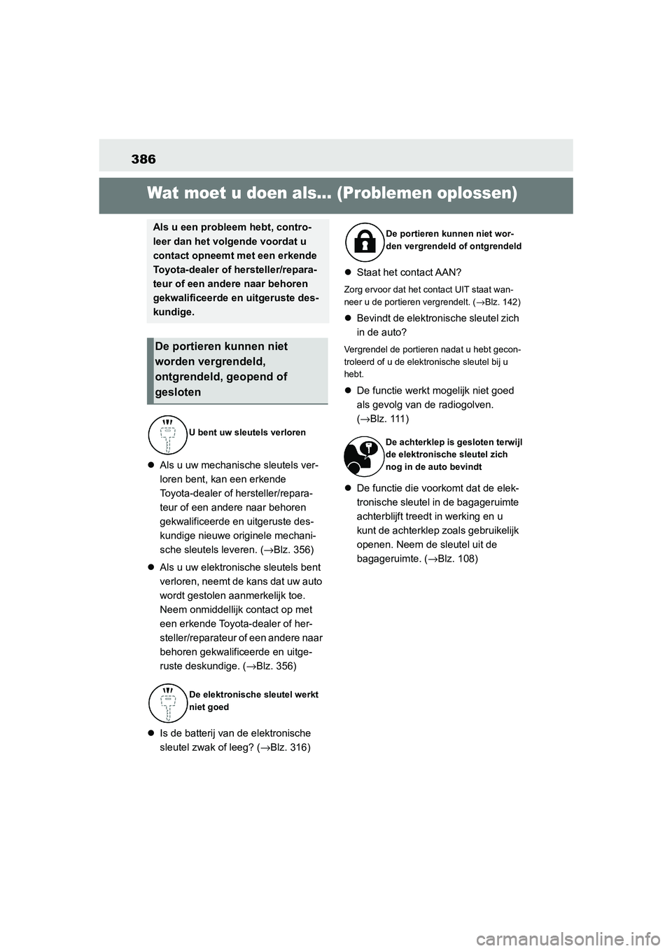 TOYOTA GR86 2022 Instructieboekje (in Dutch) 386
1-1.Wat moet u doen als... (Problemen oplossen)Wat moet u doen als... (Problemen oplossen)
Als u uw mechanische sleutels ver-
loren bent, kan een erkende
Toyota-dealer of hersteller/repara-
te TOYOTA GR86 2022 Instructieboekje (in Dutch) 386
1-1.Wat moet u doen als... (Problemen oplossen)Wat moet u doen als... (Problemen oplossen)
Als u uw mechanische sleutels ver-
loren bent, kan een erkende
Toyota-dealer of hersteller/repara-
te