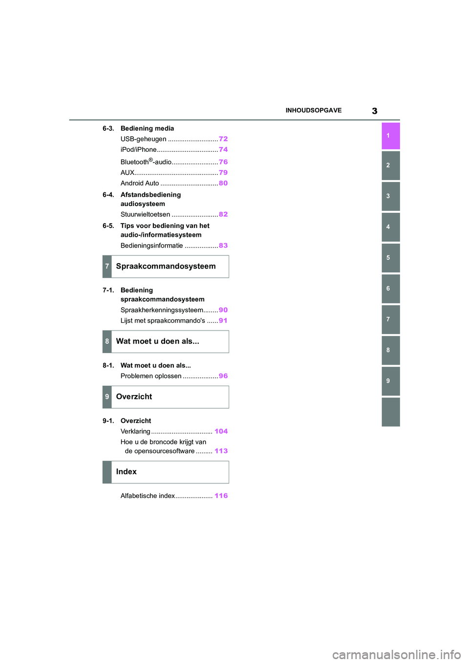 TOYOTA GR86 2022  Instructieboekje (in Dutch) 3INHOUDSOPGAVE
1
7 6
5
4
3
2
8
9
6-3. Bediening media
USB-geheugen ...........................72
iPod/iPhone.................................74
Bluetooth
®-audio.........................76
AUX....... TOYOTA GR86 2022  Instructieboekje (in Dutch) 3INHOUDSOPGAVE
1
7 6
5
4
3
2
8
9
6-3. Bediening media
USB-geheugen ...........................72
iPod/iPhone.................................74
Bluetooth
®-audio.........................76
AUX.......