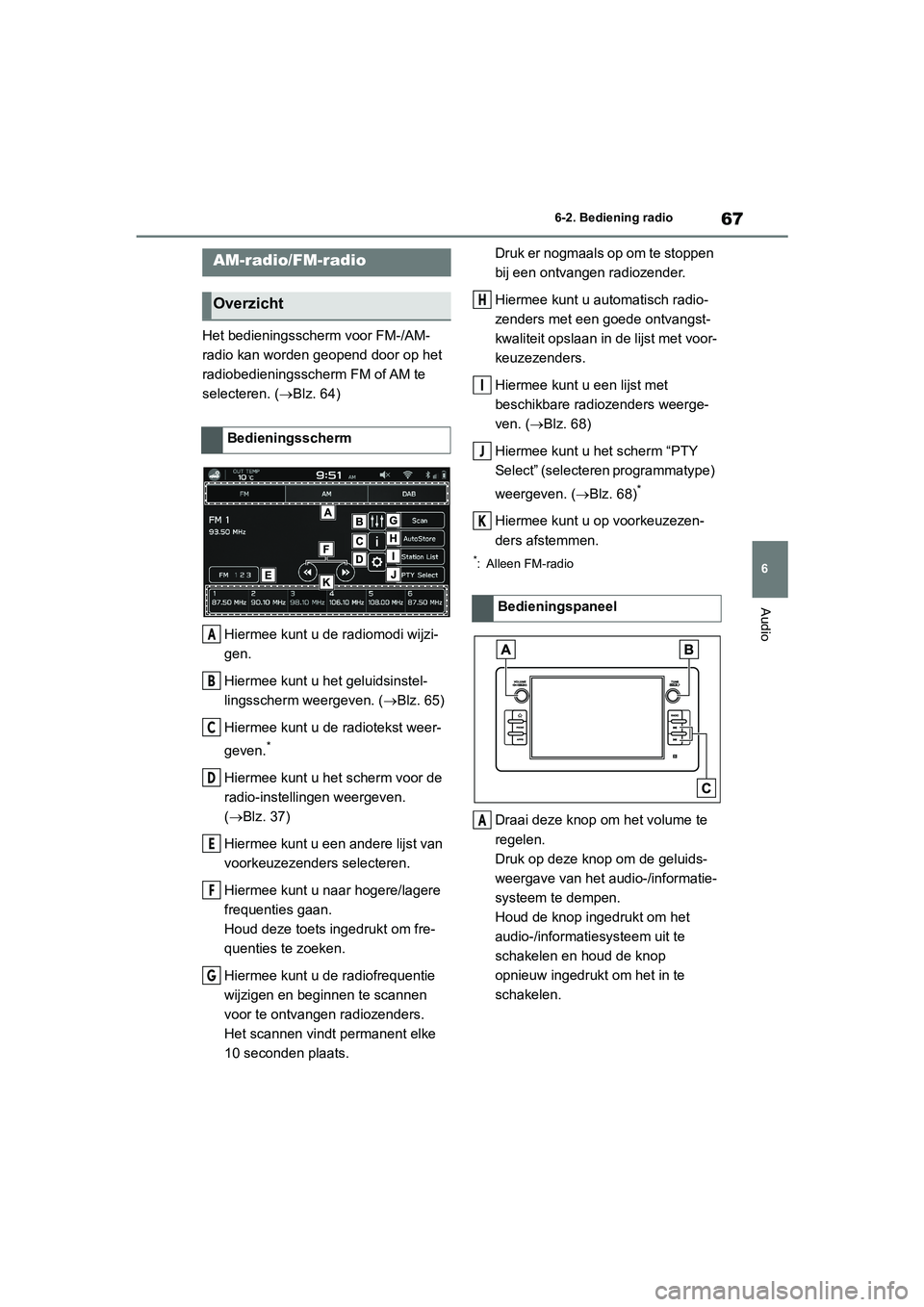 TOYOTA GR86 2022 Instructieboekje (in Dutch) 67
6 6-2. Bediening radio
Audio
6-2.Bediening radio
Het bedieningsscherm voor FM-/AM-
radio kan worden geopend door op het
radiobedieningsscherm FM of AM te
selecteren. (Blz. 64)
Hiermee kunt u d TOYOTA GR86 2022 Instructieboekje (in Dutch) 67
6 6-2. Bediening radio
Audio
6-2.Bediening radio
Het bedieningsscherm voor FM-/AM-
radio kan worden geopend door op het
radiobedieningsscherm FM of AM te
selecteren. (Blz. 64)
Hiermee kunt u d
