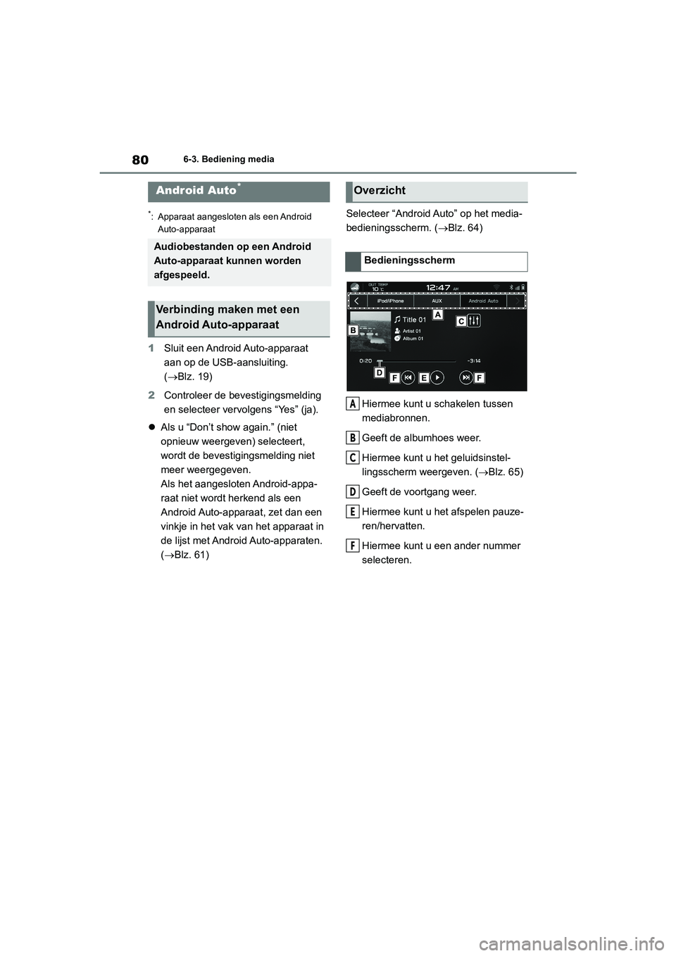 TOYOTA GR86 2022 Instructieboekje (in Dutch) 806-3. Bediening media
*: Apparaat aangesloten als een Android
Auto-apparaat
1Sluit een Android Auto-apparaat
aan op de USB-aansluiting.
(Blz. 19)
2Controleer de bevestigingsmelding
en selectee TOYOTA GR86 2022 Instructieboekje (in Dutch) 806-3. Bediening media
*: Apparaat aangesloten als een Android
Auto-apparaat
1Sluit een Android Auto-apparaat
aan op de USB-aansluiting.
(Blz. 19)
2Controleer de bevestigingsmelding
en selectee