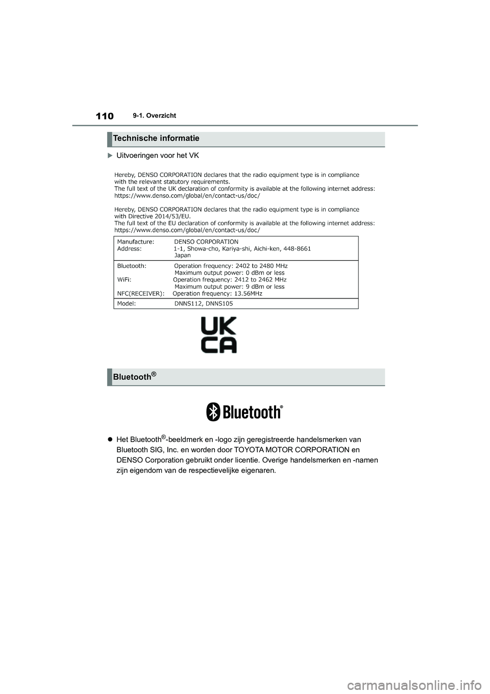 TOYOTA GR86 2022 Instructieboekje (in Dutch) 1109-1. Overzicht
Uitvoeringen voor het VK
Het Bluetooth
®-beeldmerk en -logo zijn geregistreerde handelsmerken van
Bluetooth SIG, Inc. en worden door TOYOTA MOTOR CORPORATION en
DENSO Corpo TOYOTA GR86 2022 Instructieboekje (in Dutch) 1109-1. Overzicht
Uitvoeringen voor het VK
Het Bluetooth
®-beeldmerk en -logo zijn geregistreerde handelsmerken van
Bluetooth SIG, Inc. en worden door TOYOTA MOTOR CORPORATION en
DENSO Corpo