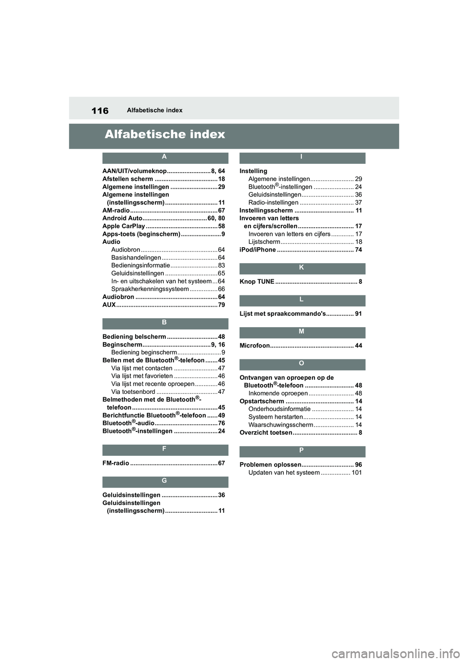 TOYOTA GR86 2022 Instructieboekje (in Dutch) 116Alfabetische index
Alfabetische index
A
AAN/UIT/volumeknop......................... 8, 64
Afstellen scherm .................................... 18
Algemene instellingen ........................... TOYOTA GR86 2022 Instructieboekje (in Dutch) 116Alfabetische index
Alfabetische index
A
AAN/UIT/volumeknop......................... 8, 64
Afstellen scherm .................................... 18
Algemene instellingen ...........................