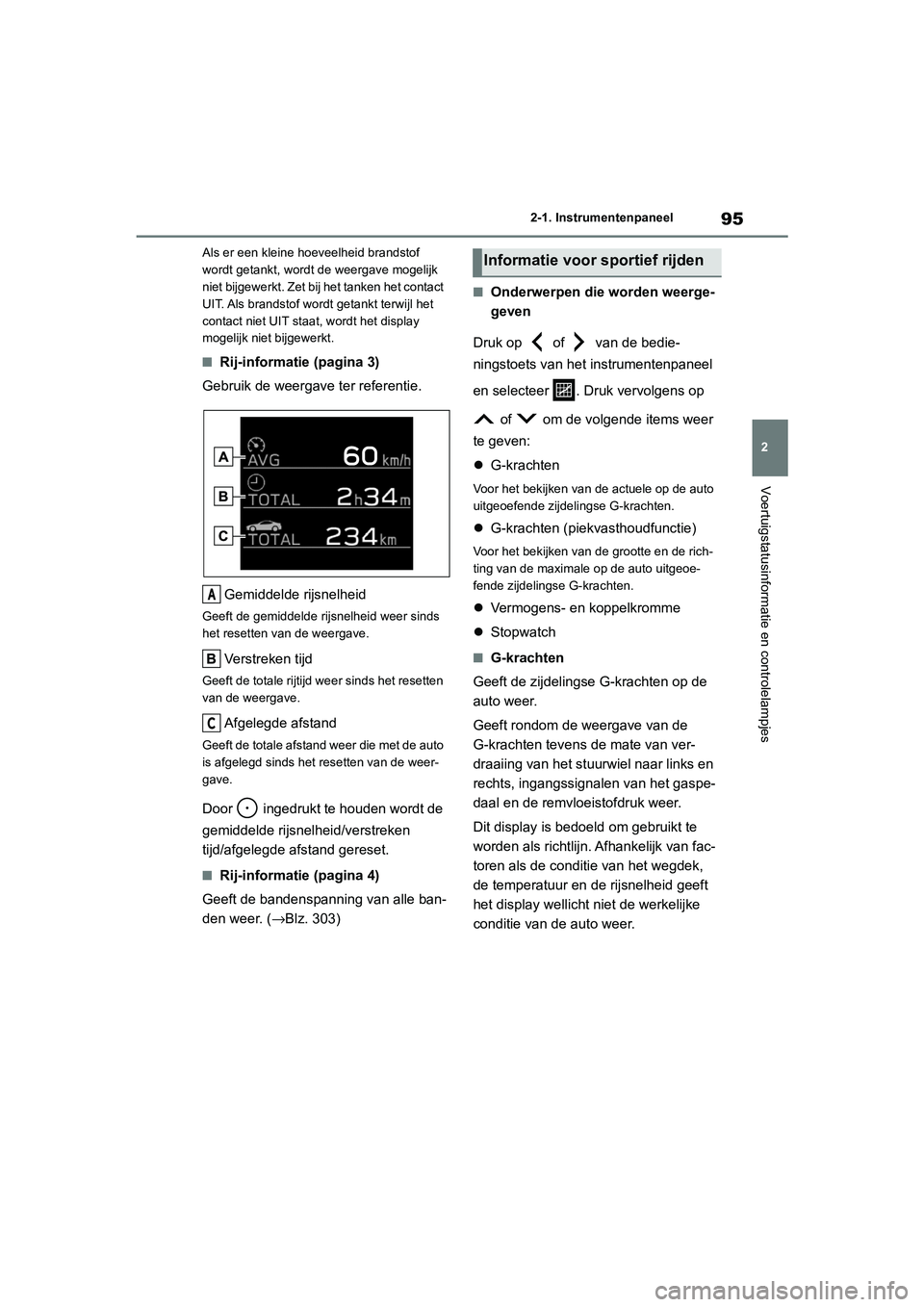 TOYOTA GR86 2022 Instructieboekje (in Dutch) 95
2 2-1. Instrumentenpaneel
Voertuigstatusinformatie en controlelampjes
Als er een kleine hoeveelheid brandstof
wordt getankt, wordt de weergave mogelijk
niet bijgewerkt. Zet bij het tanken het con TOYOTA GR86 2022 Instructieboekje (in Dutch) 95
2 2-1. Instrumentenpaneel
Voertuigstatusinformatie en controlelampjes
Als er een kleine hoeveelheid brandstof
wordt getankt, wordt de weergave mogelijk
niet bijgewerkt. Zet bij het tanken het con