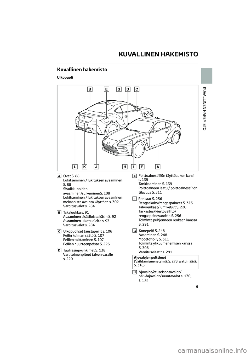 TOYOTA GR86 2022 Omistajan Käsikirja (in Finnish) Kuvallinen hakemisto
Ulkopuoli
AOvet S. 88
Lukitseminen / lukituksen avaaminen
S. 88
Sivuikkunoiden
avaaminen/sulkeminenS. 108
Lukitseminen / lukituksen avaaminen
mekaanista avainta käyttäen s. 302
TOYOTA GR86 2022 Omistajan Käsikirja (in Finnish) Kuvallinen hakemisto
Ulkopuoli
AOvet S. 88
Lukitseminen / lukituksen avaaminen
S. 88
Sivuikkunoiden
avaaminen/sulkeminenS. 108
Lukitseminen / lukituksen avaaminen
mekaanista avainta käyttäen s. 302