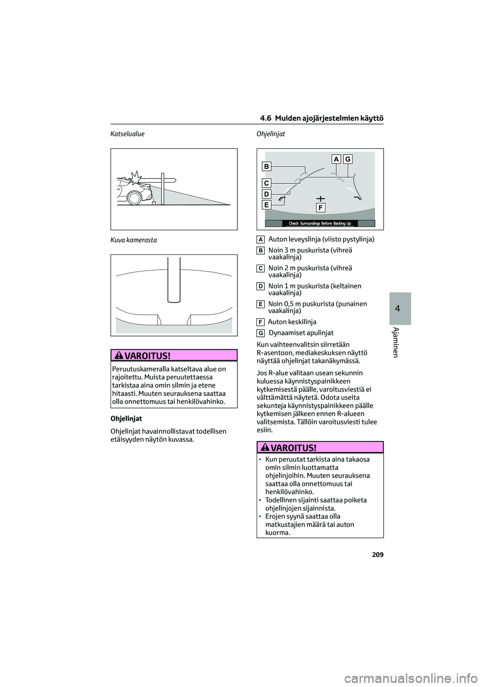 TOYOTA GR86 2022 Omistajan Käsikirja (in Finnish) Katselualue
Kuva kamerasta
VAROITUS!
Peruutuskameralla katseltava alue on
rajoitettu. Muista peruutettaessa
tarkistaa aina omin silmin ja etene
hitaasti. Muuten seurauksena saattaa
olla onnettomuus ta TOYOTA GR86 2022 Omistajan Käsikirja (in Finnish) Katselualue
Kuva kamerasta
VAROITUS!
Peruutuskameralla katseltava alue on
rajoitettu. Muista peruutettaessa
tarkistaa aina omin silmin ja etene
hitaasti. Muuten seurauksena saattaa
olla onnettomuus ta