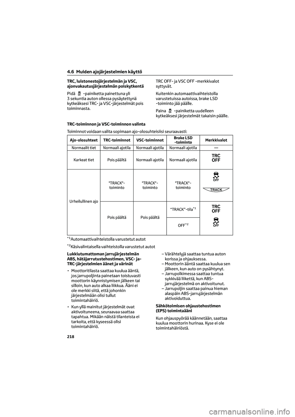 TOYOTA GR86 2022  Omistajan Käsikirja (in Finnish) TRC, luistonestojärjestelmän ja VSC,
ajonvakautusjärjestelmän poiskytkentä
Pidä
-painiketta painettuna yli
3 sekuntia auton ollessa pysäytettynä
kytkeäksesi TRC- ja VSC-järjestelmät pois
to