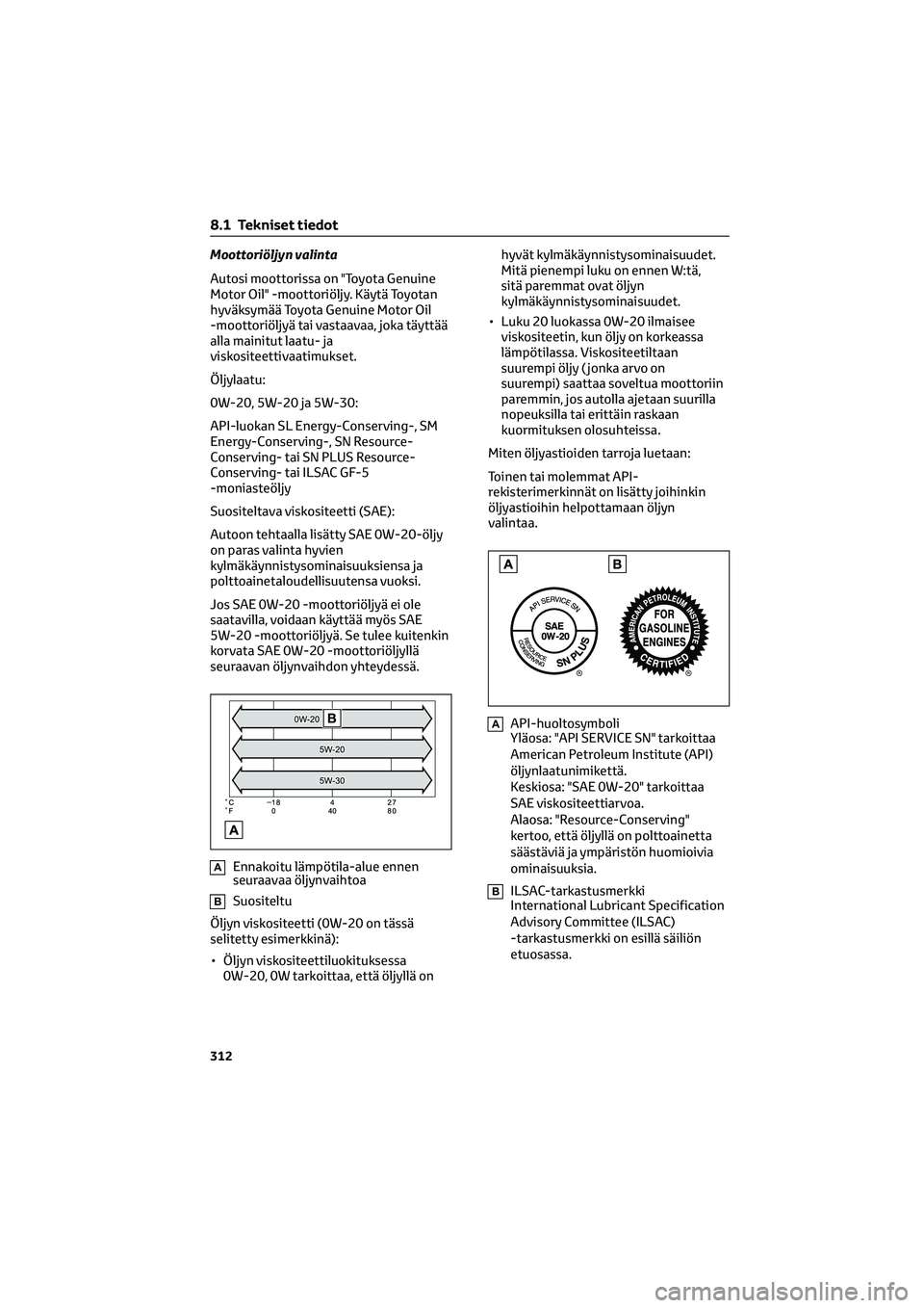 TOYOTA GR86 2022 Omistajan Käsikirja (in Finnish) Moottoriöljyn valinta
Autosi moottorissa on "Toyota Genuine
Motor Oil" -moottoriöljy. Käytä Toyotan
hyväksymää Toyota Genuine Motor Oil
-moottoriöljyä tai vastaavaa, joka täyttää
a TOYOTA GR86 2022 Omistajan Käsikirja (in Finnish) Moottoriöljyn valinta
Autosi moottorissa on "Toyota Genuine
Motor Oil" -moottoriöljy. Käytä Toyotan
hyväksymää Toyota Genuine Motor Oil
-moottoriöljyä tai vastaavaa, joka täyttää
a