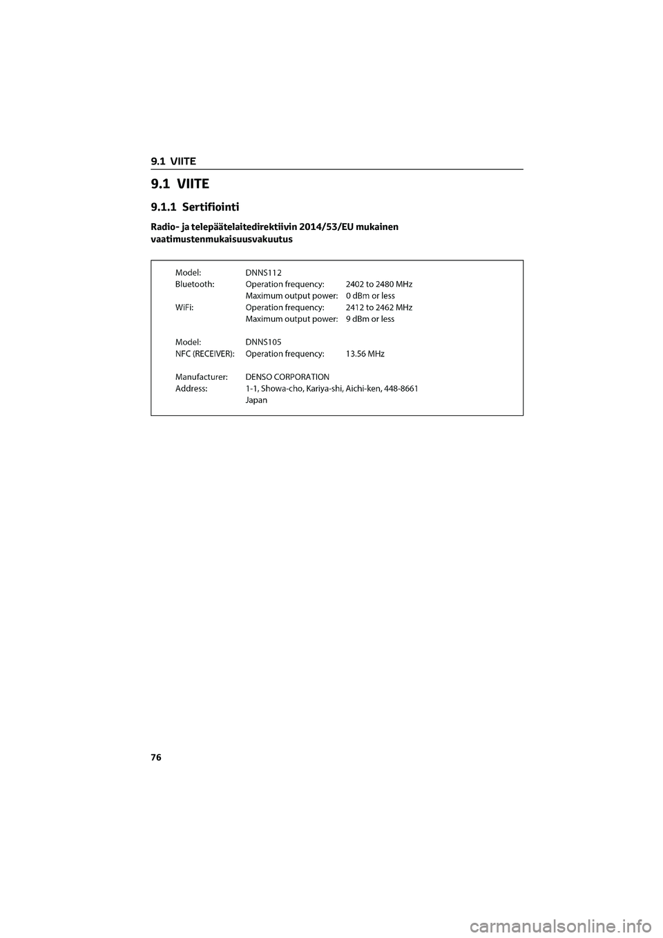 TOYOTA GR86 2022  Omistajan Käsikirja (in Finnish) 9.1 VIITE
9.1.1 Sertifiointi
Radio- ja telepäätelaitedirektiivin 2014/53/EU mukainen
vaatimustenmukaisuusvakuutus
9.1 VIITE
76 