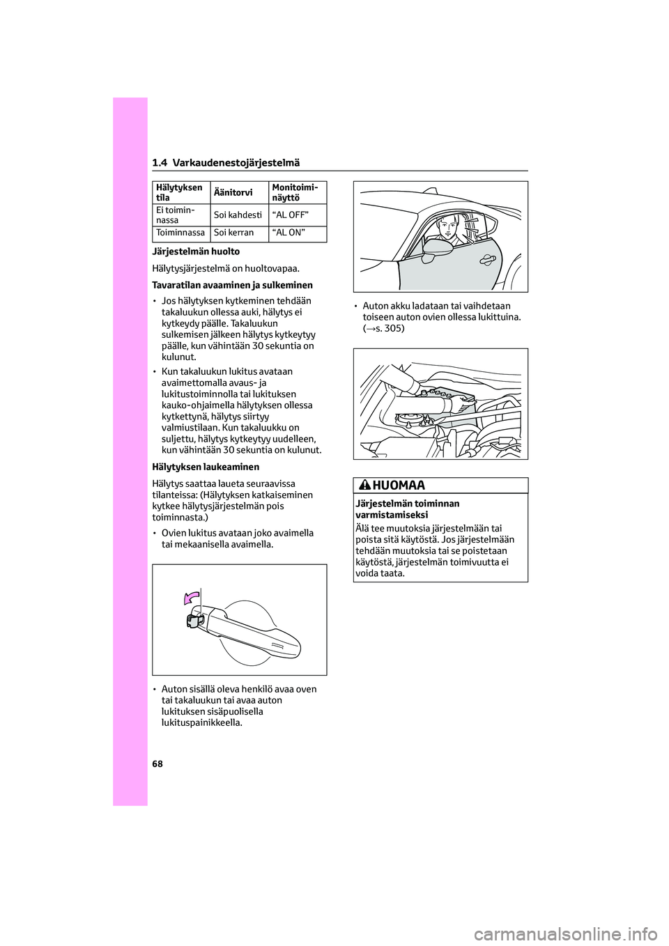 TOYOTA GR86 2022 Omistajan Käsikirja (in Finnish) Hälytyksen
tilaÄänitorviMonitoimi-
näyttö
Ei toimin-
nassaSoi kahdesti “AL OFF”
Toiminnassa Soi kerran “AL ON”
Järjestelmän huolto
Hälytysjärjestelmä on huoltovapaa.
Tavaratilan avaa TOYOTA GR86 2022 Omistajan Käsikirja (in Finnish) Hälytyksen
tilaÄänitorviMonitoimi-
näyttö
Ei toimin-
nassaSoi kahdesti “AL OFF”
Toiminnassa Soi kerran “AL ON”
Järjestelmän huolto
Hälytysjärjestelmä on huoltovapaa.
Tavaratilan avaa