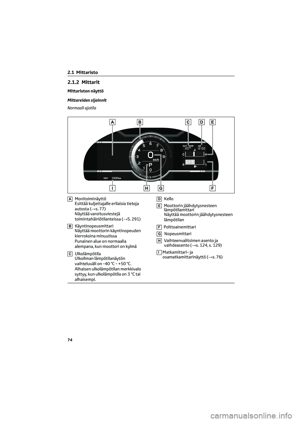 TOYOTA GR86 2022 Omistajan Käsikirja (in Finnish) 2.1.2 Mittarit
Mittariston näyttö
Mittareiden sijainnit
Normaali ajotila
AMonitoiminäyttö
Esittää kuljettajalle erilaisia tietoja
autosta (→s. 77)
Näyttää varoitusviestejä
toimintahäiriö TOYOTA GR86 2022 Omistajan Käsikirja (in Finnish) 2.1.2 Mittarit
Mittariston näyttö
Mittareiden sijainnit
Normaali ajotila
AMonitoiminäyttö
Esittää kuljettajalle erilaisia tietoja
autosta (→s. 77)
Näyttää varoitusviestejä
toimintahäiriö