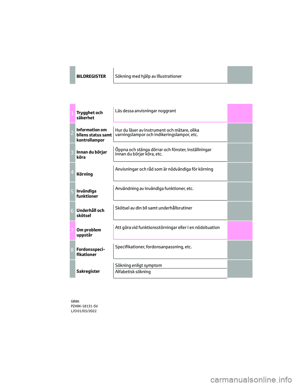 TOYOTA GR86 2022  Bruksanvisningar (in Swedish) BILDREGISTER
1Trygghet och
säkerhet
2Information om
bilens status samt
kontrollampor
3Innan du börjar
köra
4Körning
5Invändiga
funktioner
6Underhåll och
skötsel
7Om problem
uppstår
8Fordonsspe