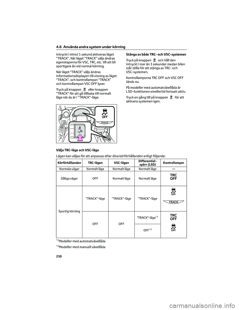 TOYOTA GR86 2022  Bruksanvisningar (in Swedish) intryckt i minst 1 sekund aktiveras läget
”TRACK”. När läget “TRACK” väljs ändras
egenskaperna för VSC, TRC, etc. till att bli
sportigare än vid normal körning.
När läget “TRACK” TOYOTA GR86 2022  Bruksanvisningar (in Swedish) intryckt i minst 1 sekund aktiveras läget
”TRACK”. När läget “TRACK” väljs ändras
egenskaperna för VSC, TRC, etc. till att bli
sportigare än vid normal körning.
När läget “TRACK”