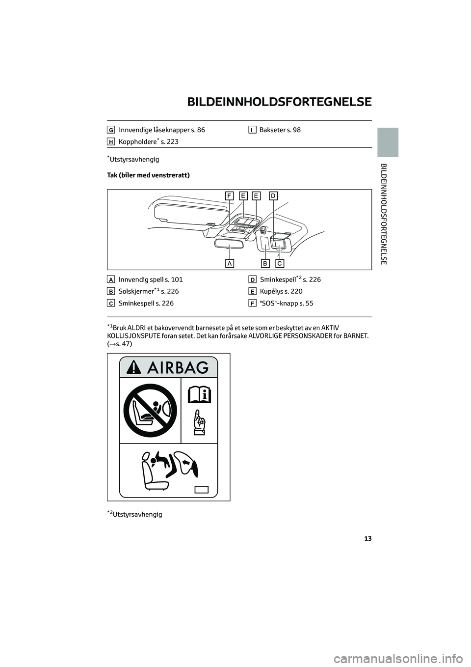TOYOTA GR86 2022 Instruksjoner for bruk (in Norwegian) GInnvendige låseknapper s. 86
HKoppholdere*s. 223
IBakseter s. 98
*Utstyrsavhengig
Tak (biler med venstreratt)
AInnvendig speil s. 101
BSolskjermer*1s. 226
CSminkespeil s. 226
DSminkespeil*2s. 226
EK TOYOTA GR86 2022 Instruksjoner for bruk (in Norwegian) GInnvendige låseknapper s. 86
HKoppholdere*s. 223
IBakseter s. 98
*Utstyrsavhengig
Tak (biler med venstreratt)
AInnvendig speil s. 101
BSolskjermer*1s. 226
CSminkespeil s. 226
DSminkespeil*2s. 226
EK