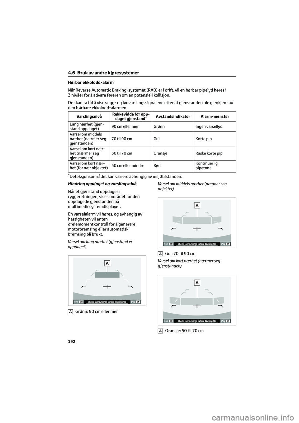 TOYOTA GR86 2022  Instruksjoner for bruk (in Norwegian) Hørbar ekkolodd-alarm
Når Reverse Automatic Braking-systemet (RAB) er i drift, vil en hørbar pipelyd høres i
3 nivåer for å advare føreren om en potensiell kollisjon.
Det kan ta tid å vise veg