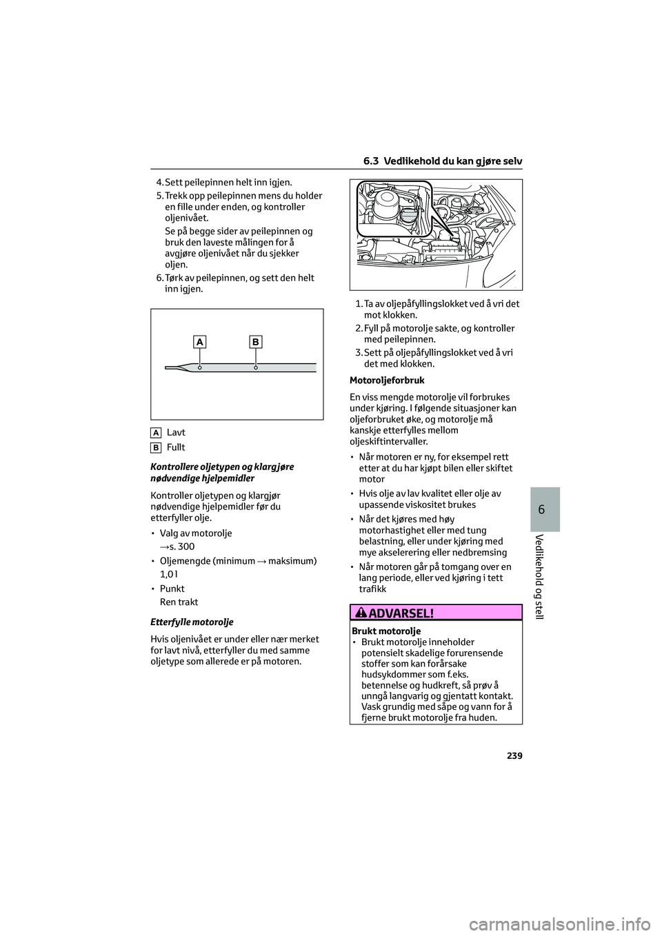 TOYOTA GR86 2022 Instruksjoner for bruk (in Norwegian) 4. Sett peilepinnen helt inn igjen.
5. Trekk opp peilepinnen mens du holder
en fille under enden, og kontroller
oljenivået.
Se på begge sider av peilepinnen og
bruk den laveste målingen for å
avgj TOYOTA GR86 2022 Instruksjoner for bruk (in Norwegian) 4. Sett peilepinnen helt inn igjen.
5. Trekk opp peilepinnen mens du holder
en fille under enden, og kontroller
oljenivået.
Se på begge sider av peilepinnen og
bruk den laveste målingen for å
avgj