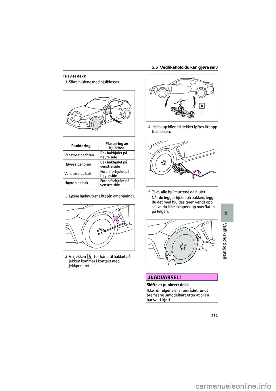 TOYOTA GR86 2022 Instruksjoner for bruk (in Norwegian) Ta av et dekk
1. Sikre hjulene med hjulklosser.
PunkteringPlassering av
hjulkloss
Venstre side foranBak bakhjulet på
høyre side
Høyre side foranBak bakhjulet på
venstre side
Venstre side bakForan TOYOTA GR86 2022 Instruksjoner for bruk (in Norwegian) Ta av et dekk
1. Sikre hjulene med hjulklosser.
PunkteringPlassering av
hjulkloss
Venstre side foranBak bakhjulet på
høyre side
Høyre side foranBak bakhjulet på
venstre side
Venstre side bakForan