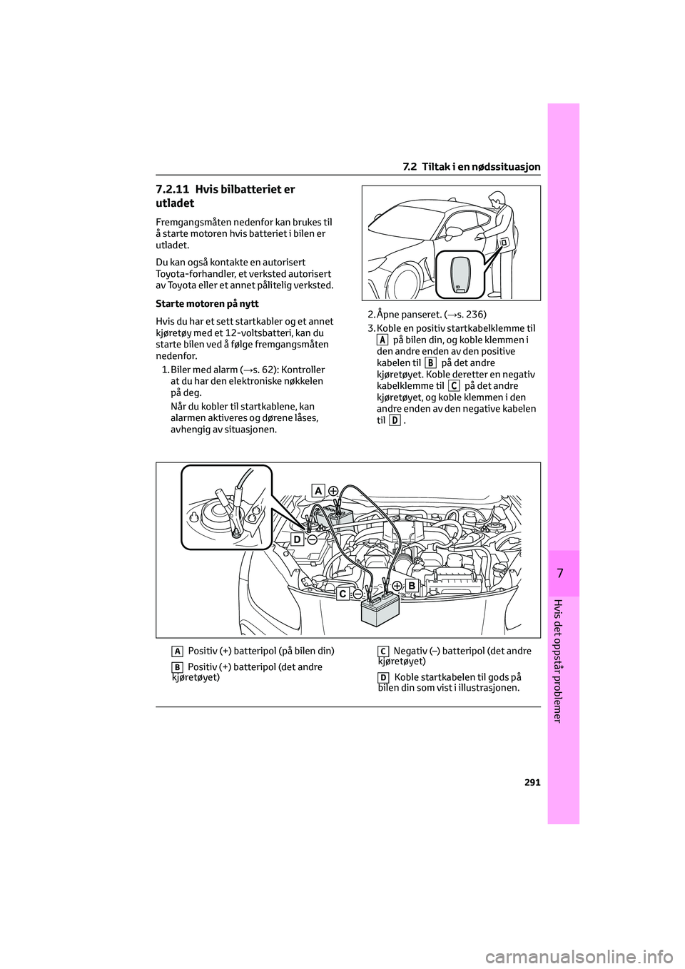 TOYOTA GR86 2022 Instruksjoner for bruk (in Norwegian) 7.2.11 Hvis bilbatteriet er
utladet
Fremgangsmåten nedenfor kan brukes til
å starte motoren hvis batteriet i bilen er
utladet.
Du kan også kontakte en autorisert
Toyota-forhandler, et verksted auto TOYOTA GR86 2022 Instruksjoner for bruk (in Norwegian) 7.2.11 Hvis bilbatteriet er
utladet
Fremgangsmåten nedenfor kan brukes til
å starte motoren hvis batteriet i bilen er
utladet.
Du kan også kontakte en autorisert
Toyota-forhandler, et verksted auto