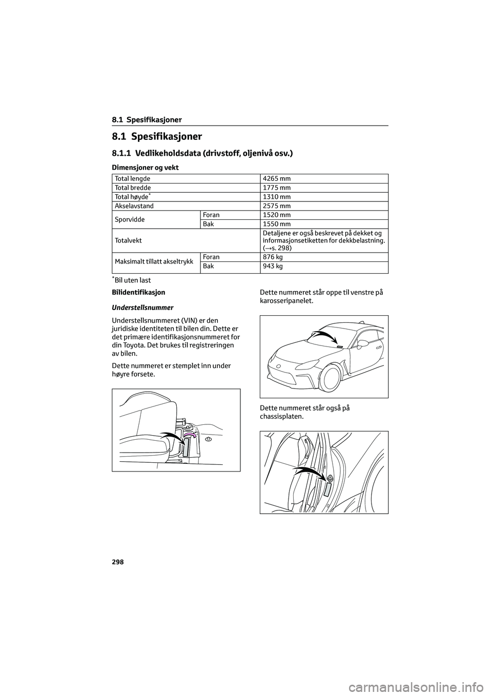 TOYOTA GR86 2022 Instruksjoner for bruk (in Norwegian) 8.1 Spesifikasjoner
8.1.1 Vedlikeholdsdata (drivstoff, oljenivå osv.)
Dimensjoner og vekt
Total lengde 4265 mm
Total bredde 1775 mm
Total høyde
*1310 mm
Akselavstand 2575 mm
SporviddeForan 1520 mm
B TOYOTA GR86 2022 Instruksjoner for bruk (in Norwegian) 8.1 Spesifikasjoner
8.1.1 Vedlikeholdsdata (drivstoff, oljenivå osv.)
Dimensjoner og vekt
Total lengde 4265 mm
Total bredde 1775 mm
Total høyde
*1310 mm
Akselavstand 2575 mm
SporviddeForan 1520 mm
B