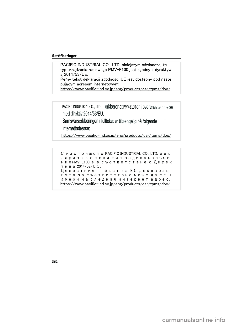 TOYOTA GR86 2022  Instruksjoner for bruk (in Norwegian) Sertifiseringer
362 