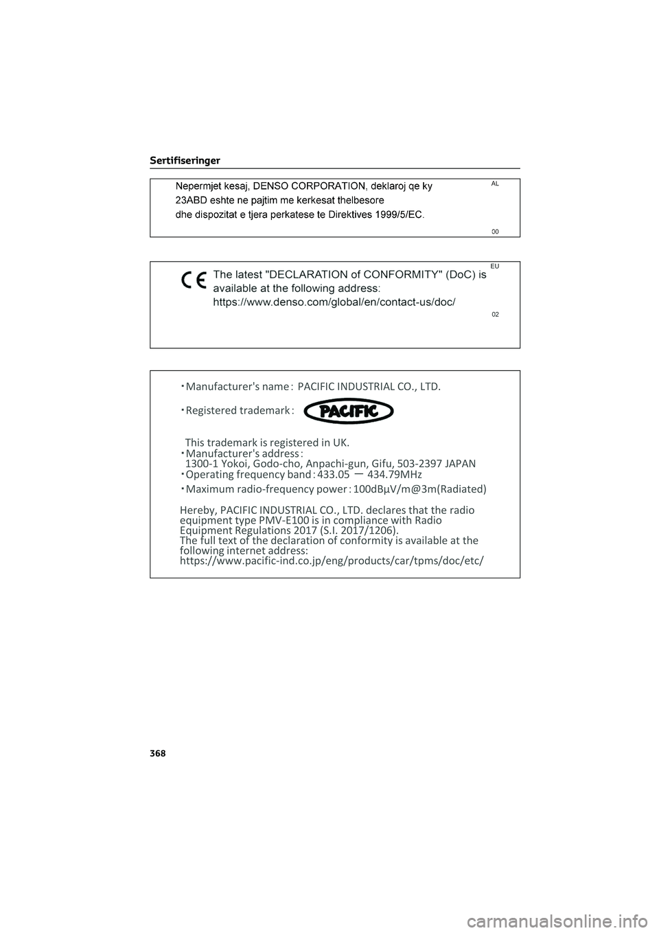 TOYOTA GR86 2022  Instruksjoner for bruk (in Norwegian) Sertifiseringer
368 