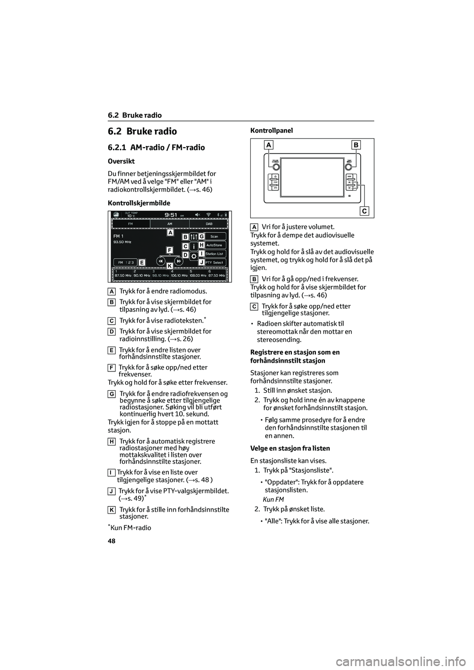TOYOTA GR86 2022 Instruksjoner for bruk (in Norwegian) 6.2 Bruke radio
6.2.1 AM-radio / FM-radio
Oversikt
Du finner betjeningsskjermbildet for
FM/AM ved å velge "FM" eller "AM" i
radiokontrollskjermbildet. (→s. 46)
Kontrollskjermbilde
A TOYOTA GR86 2022 Instruksjoner for bruk (in Norwegian) 6.2 Bruke radio
6.2.1 AM-radio / FM-radio
Oversikt
Du finner betjeningsskjermbildet for
FM/AM ved å velge "FM" eller "AM" i
radiokontrollskjermbildet. (→s. 46)
Kontrollskjermbilde
A