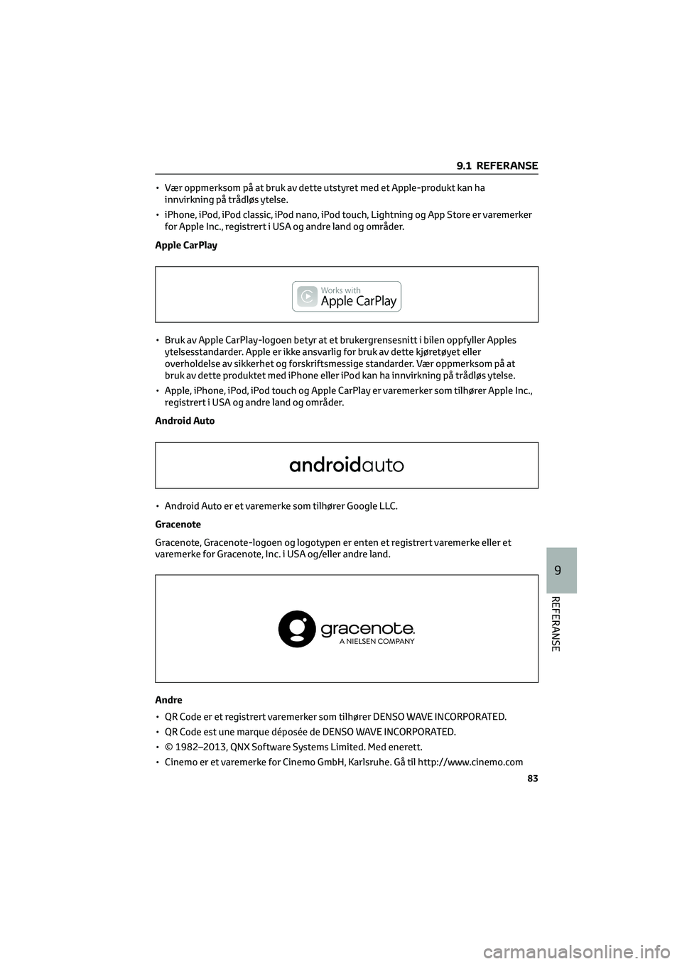 TOYOTA GR86 2022 Instruksjoner for bruk (in Norwegian) • Vær oppmerksom på at bruk av dette utstyret med et Apple-produkt kan ha
innvirkning på trådløs ytelse.
• iPhone, iPod, iPod classic, iPod nano, iPod touch, Lightning og App Store er varemer TOYOTA GR86 2022 Instruksjoner for bruk (in Norwegian) • Vær oppmerksom på at bruk av dette utstyret med et Apple-produkt kan ha
innvirkning på trådløs ytelse.
• iPhone, iPod, iPod classic, iPod nano, iPod touch, Lightning og App Store er varemer