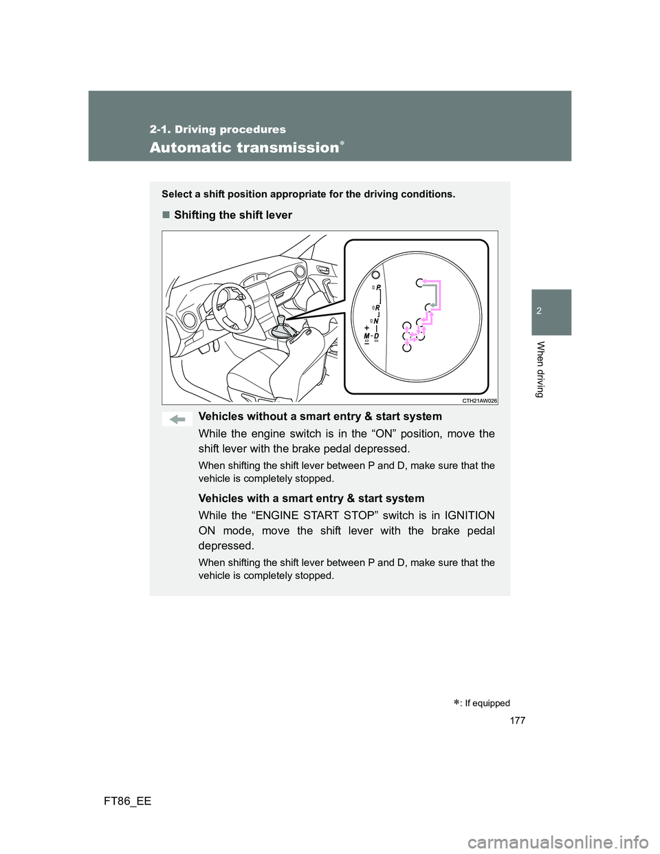 TOYOTA GT86 2013 Owners Manual (in English) 177
2-1. Driving procedures
2
When driving
FT86_EE
Automatic transmission
Select a shift position appropriate for the driving conditions.
Shifting the shift lever
Vehicles without a smart entry TOYOTA GT86 2013 Owners Manual (in English) 177
2-1. Driving procedures
2
When driving
FT86_EE
Automatic transmission
Select a shift position appropriate for the driving conditions.
Shifting the shift lever
Vehicles without a smart entry