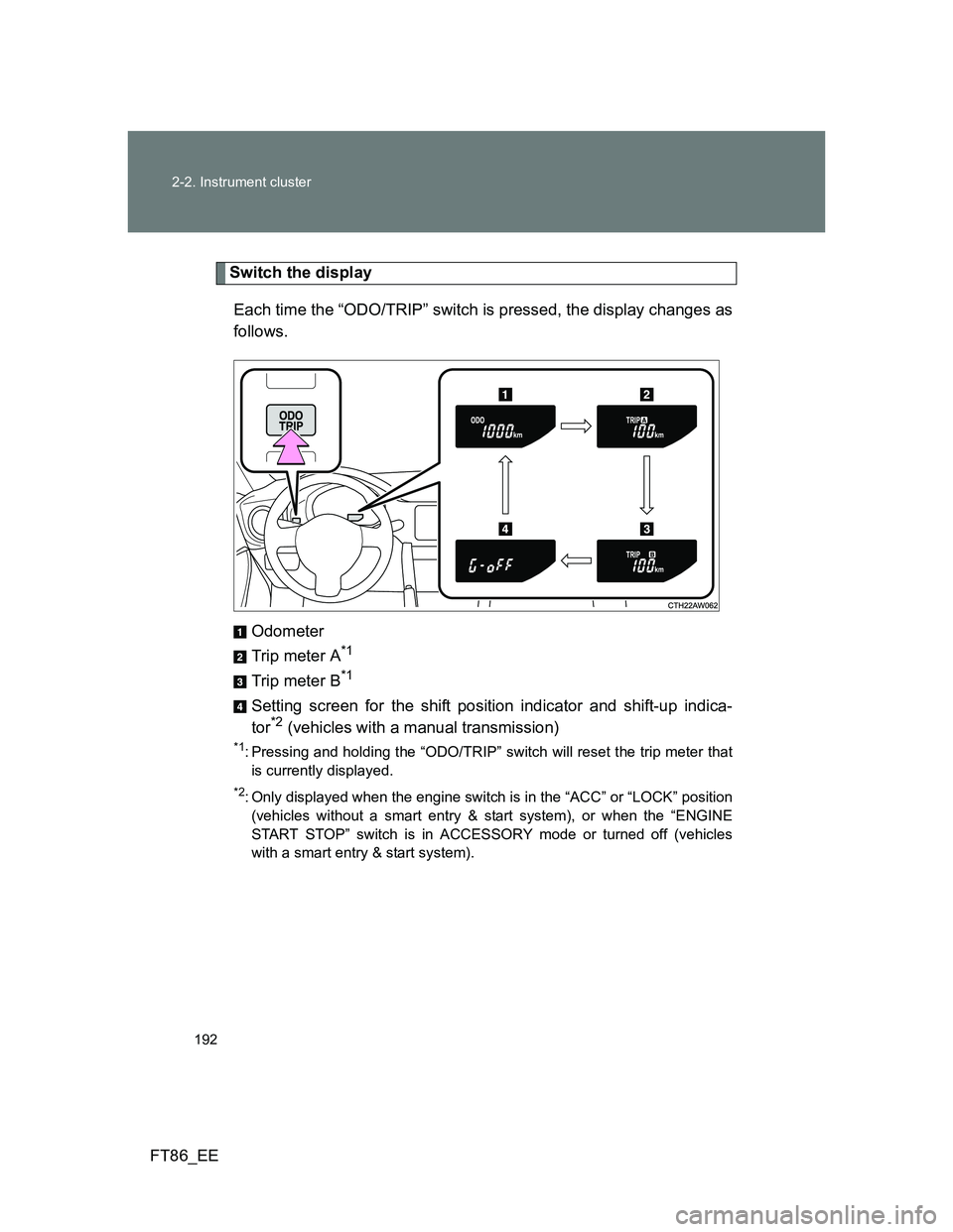 TOYOTA GT86 2013  Owners Manual (in English) 192 2-2. Instrument cluster
FT86_EE
Switch the display
Each time the “ODO/TRIP” switch is pressed, the display changes as
follows.
Odometer
Trip meter A
*1
Trip meter B*1
Setting screen for the sh