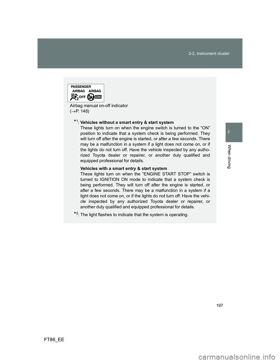 TOYOTA GT86 2013 Owners Manual (in English) 197 2-2. Instrument cluster
2
When driving
FT86_EE
*1:Vehicles without a smart entry & start system
These lights turn on when the engine switch is turned to the “ON”
position to indicate that a s TOYOTA GT86 2013 Owners Manual (in English) 197 2-2. Instrument cluster
2
When driving
FT86_EE
*1:Vehicles without a smart entry & start system
These lights turn on when the engine switch is turned to the “ON”
position to indicate that a s