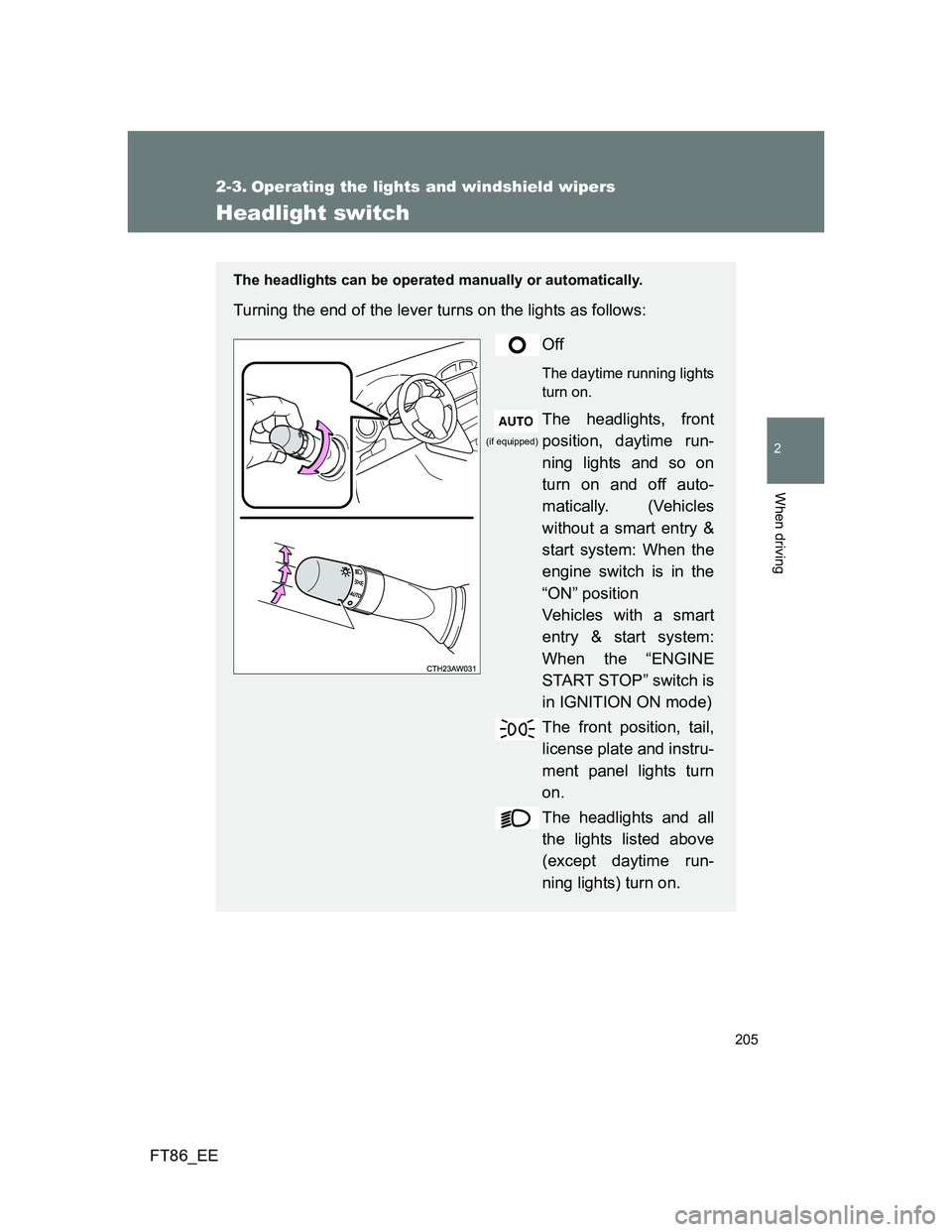 TOYOTA GT86 2013 Owners Manual (in English) 205
2
When driving
FT86_EE
2-3. Operating the lights and windshield wipers
Headlight switch
The headlights can be operated manually or automatically.
Turning the end of the lever turns on the lights a TOYOTA GT86 2013 Owners Manual (in English) 205
2
When driving
FT86_EE
2-3. Operating the lights and windshield wipers
Headlight switch
The headlights can be operated manually or automatically.
Turning the end of the lever turns on the lights a