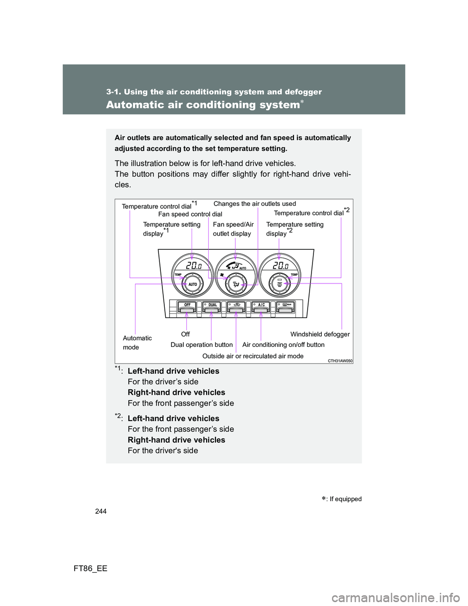 TOYOTA GT86 2013  Owners Manual (in English) 244
3-1. Using the air conditioning system and defogger
FT86_EE
Automatic air conditioning system
Air outlets are automatically selected and fan speed is automatically
adjusted according to the set