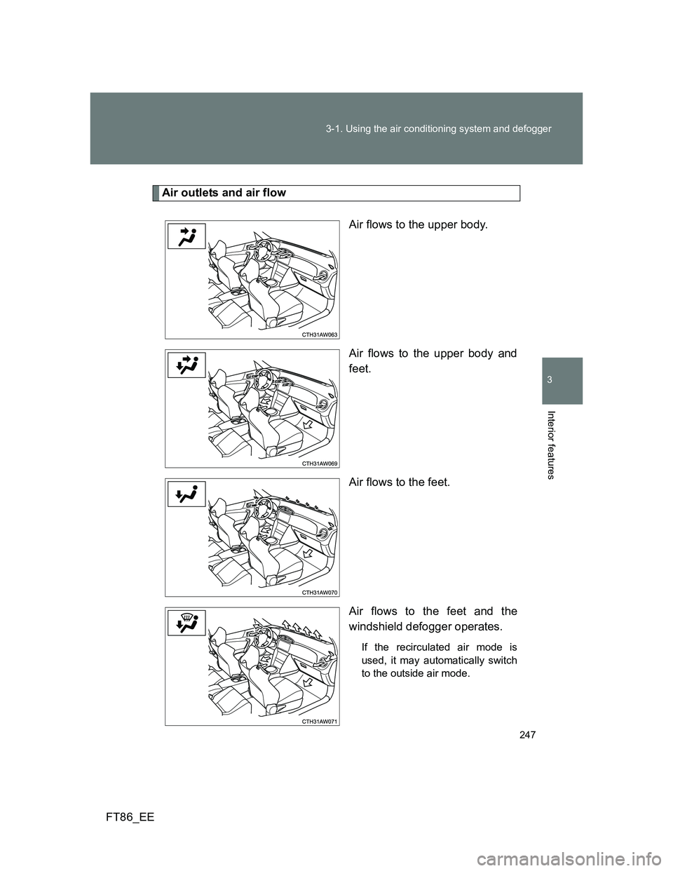 TOYOTA GT86 2013  Owners Manual (in English) 247 3-1. Using the air conditioning system and defogger
3
Interior features
FT86_EE
Air outlets and air flow
Air flows to the upper body.
Air flows to the upper body and
feet.
Air flows to the feet.
A