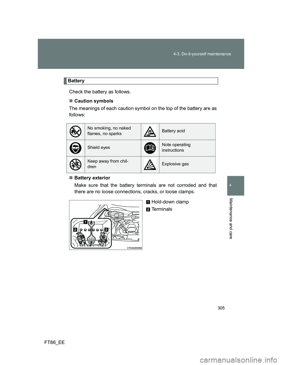 TOYOTA GT86 2013 Owners Manual (in English) 305 4-3. Do-it-yourself maintenance
4
Maintenance and care
FT86_EE
Battery
Check the battery as follows.
Caution symbols
The meanings of each caution symbol on the top of the battery are as
follows TOYOTA GT86 2013 Owners Manual (in English) 305 4-3. Do-it-yourself maintenance
4
Maintenance and care
FT86_EE
Battery
Check the battery as follows.
Caution symbols
The meanings of each caution symbol on the top of the battery are as
follows